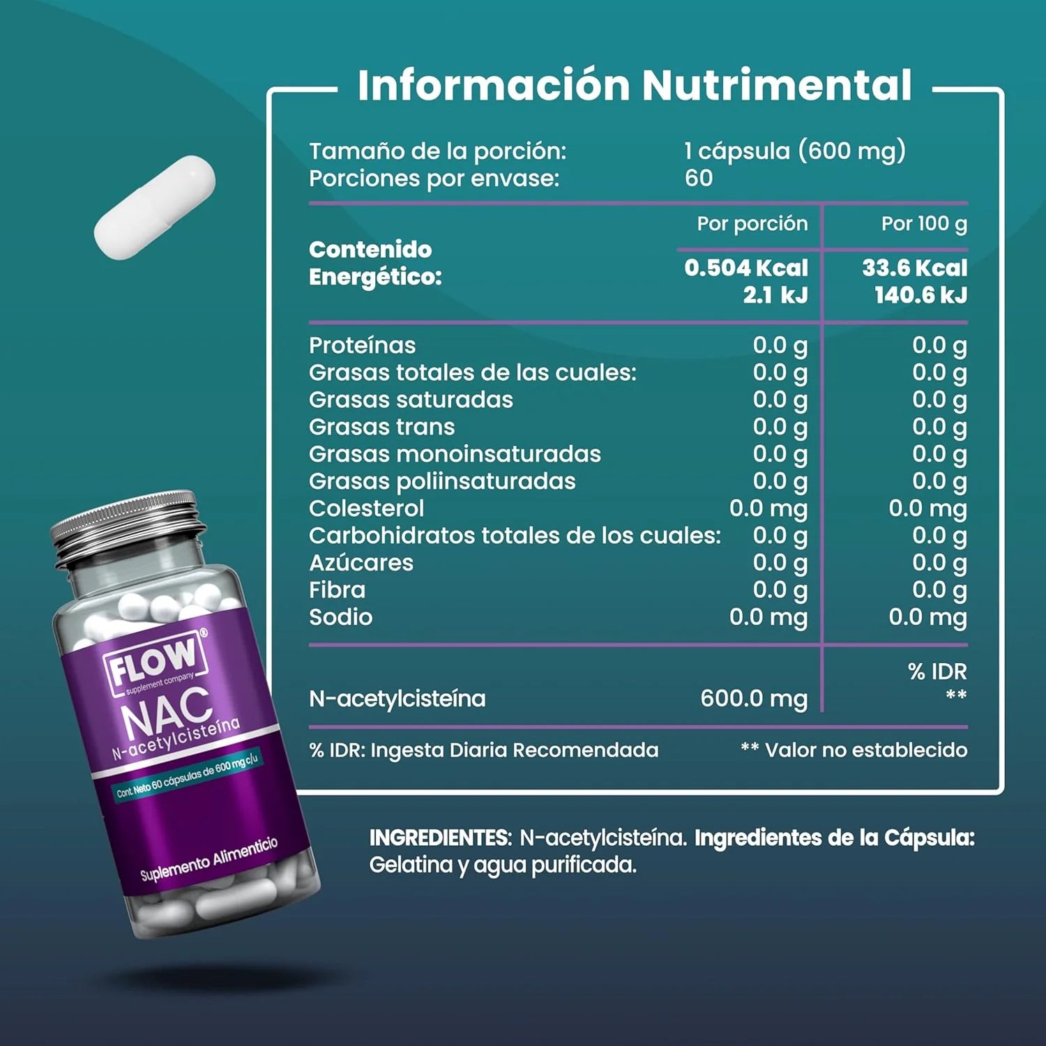 Nac N-acetylcisteína 60 Cápsulas De 600 Mg Flow