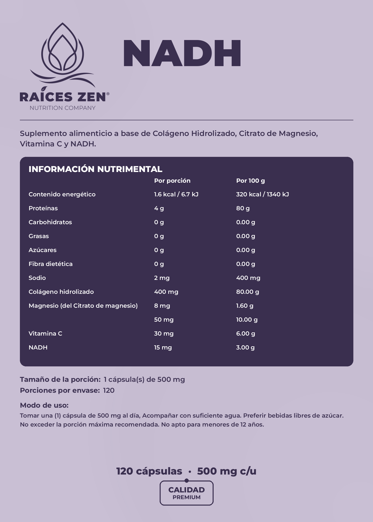 Nadh Colágeno Hidrolizado Magnesio Vitamina C Raíces Zen 120 Cápsulas
