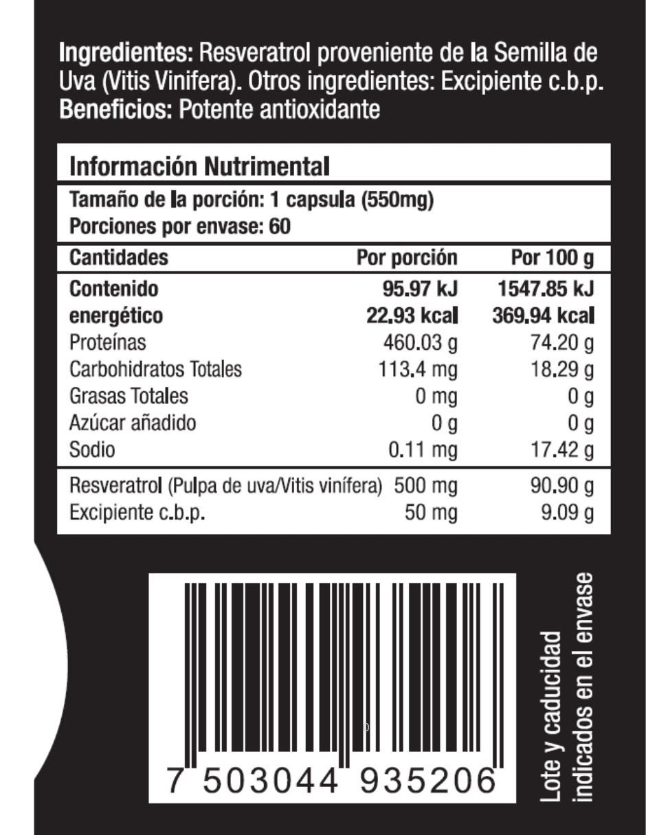 Resveratrol Skin Vit Nutrition Company 60 Cápsulas de 550mg
