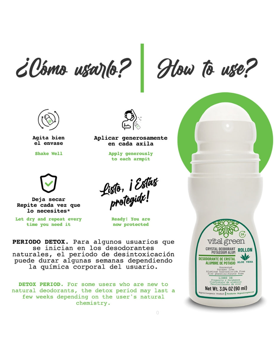 Desodorante Roll on Alumbre con Aloe Vera Vital Green 90 mL