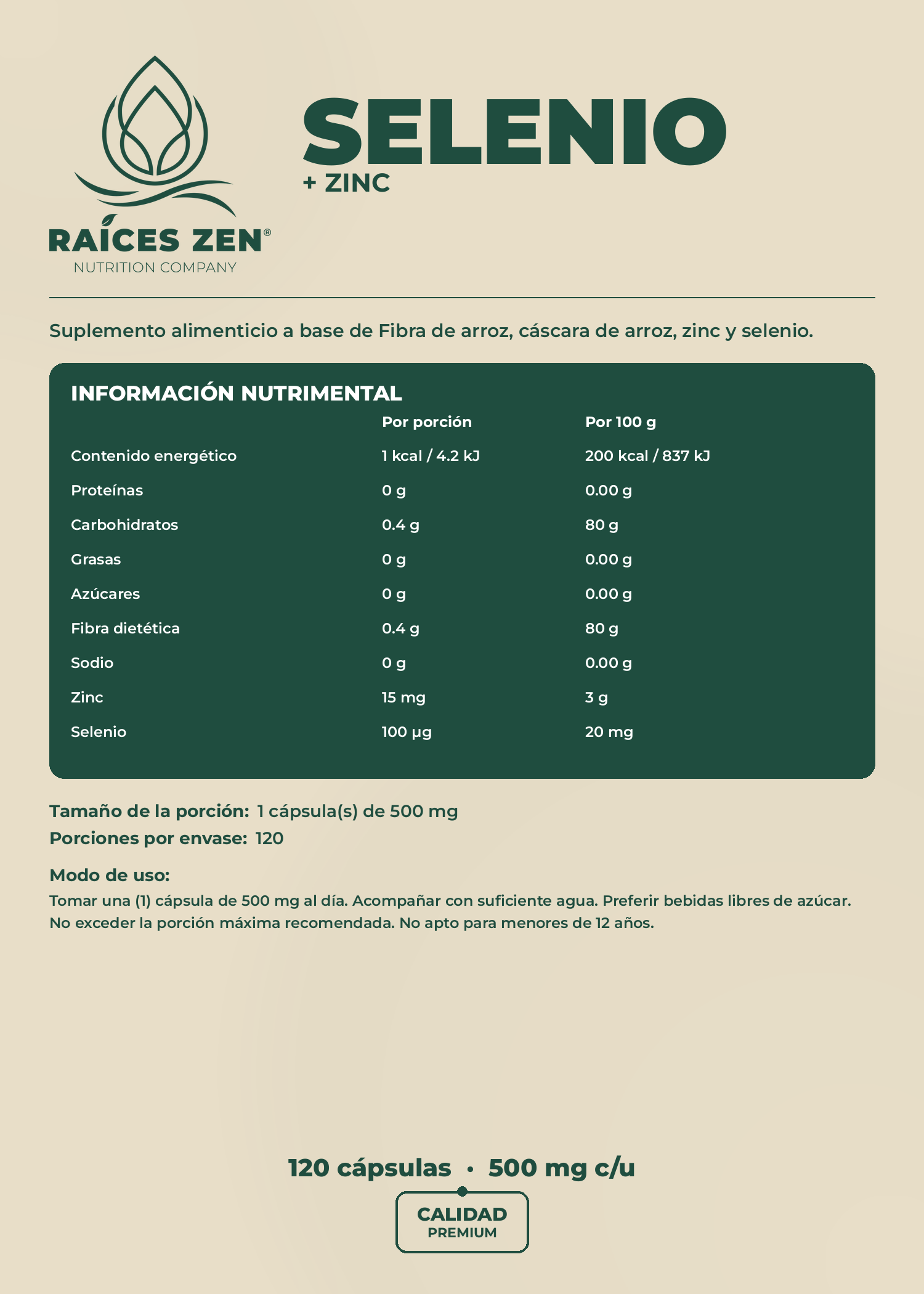 Selenio Zinc Raíces Zen Nutrition Company 120 Cápsulas