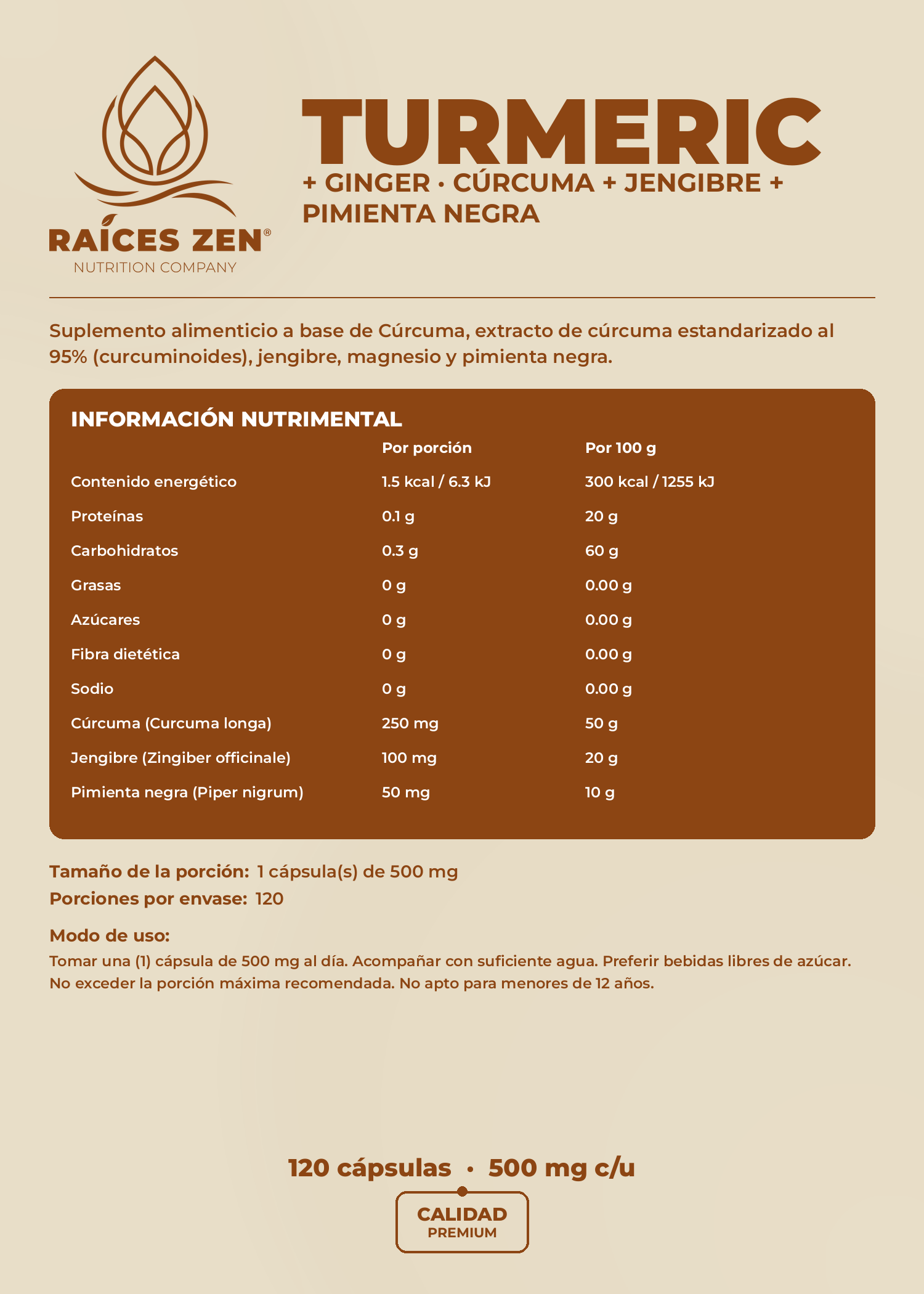 Turmeric Ginger Curcuma Jengibre y Pimienta Negra Raíces Zen 120 Cápsulas