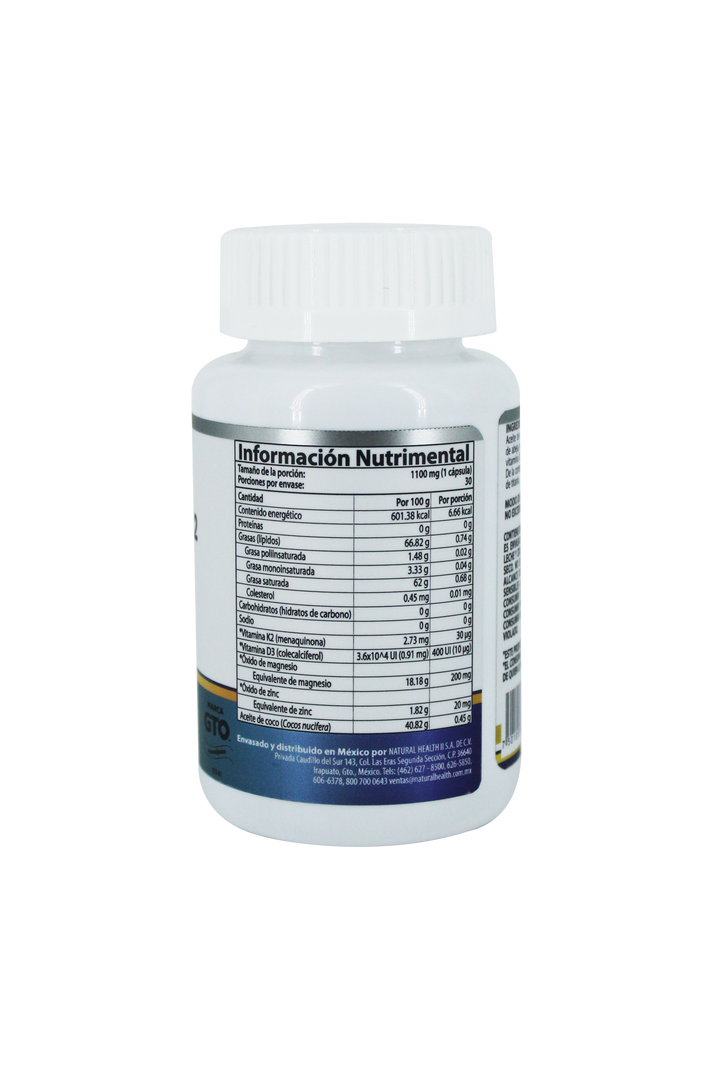 Vitamina D3+K2+Magnesio+Zinc+Aceite de Coco Natural Health 30 Capsulas