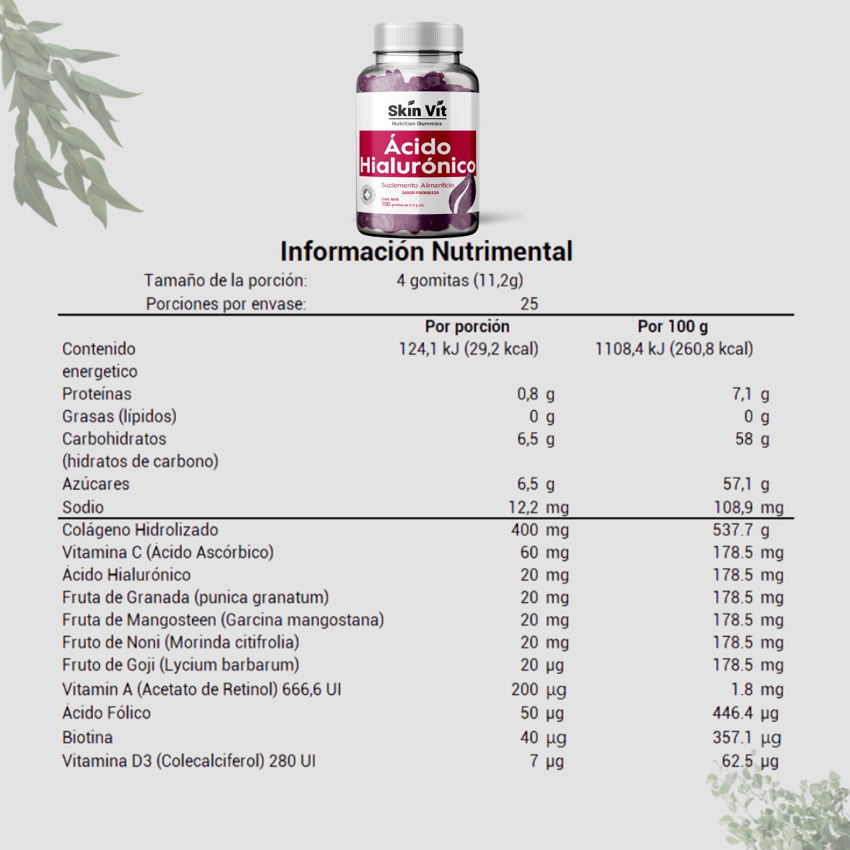 Ácido Hialurónico Skin Vit Company sabor Frambuesa 100 Gomitas 2.8 g