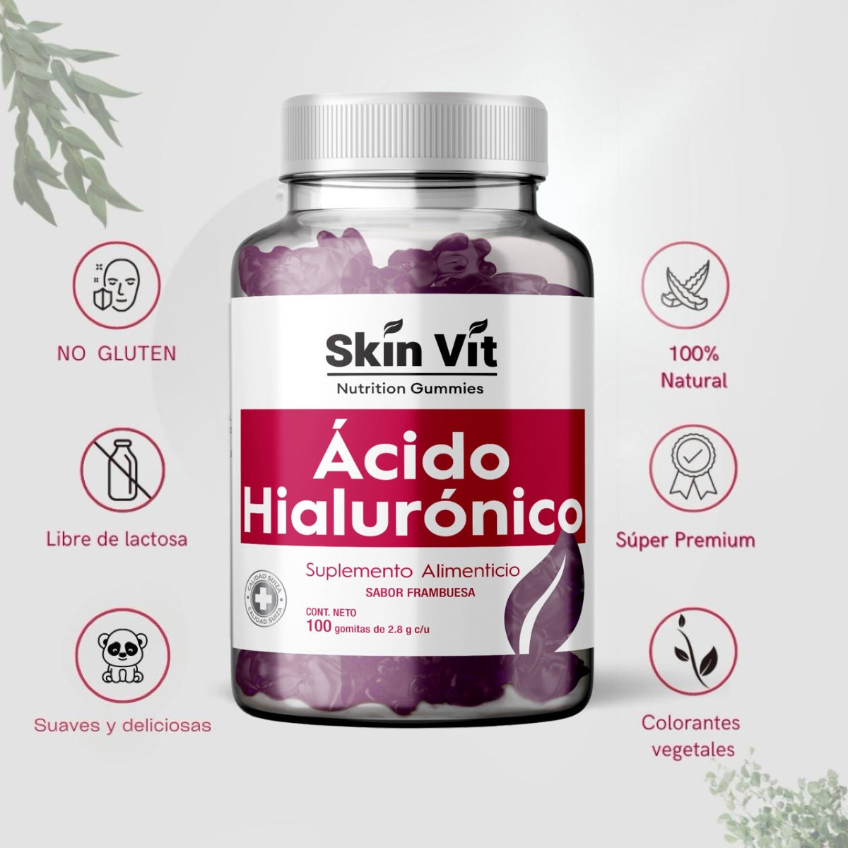 Ácido Hialurónico Skin Vit Company sabor Frambuesa 100 Gomitas 2.8 g