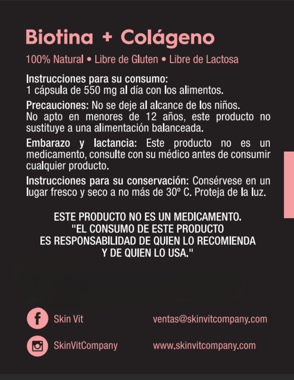 Biotina + Colágeno Skin Vit Nutrition Company 60 Cápsulas de 550mg