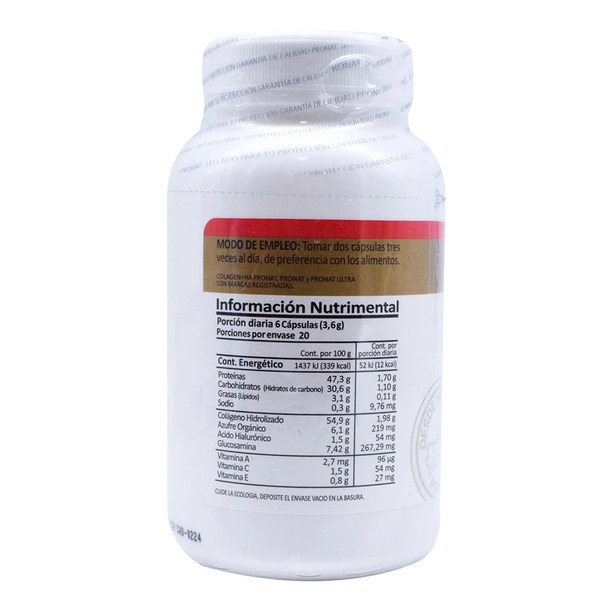 Colágeno Hidrolizado + Acido Hialurónico 120 Cápsulas Pronat