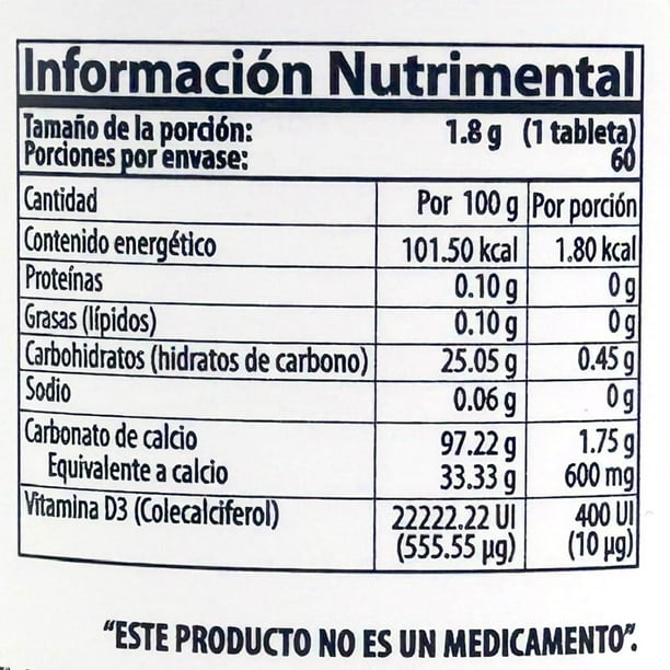 Calcio 600 Natural Health con Vitamina D3 400 UI 60 tabletas