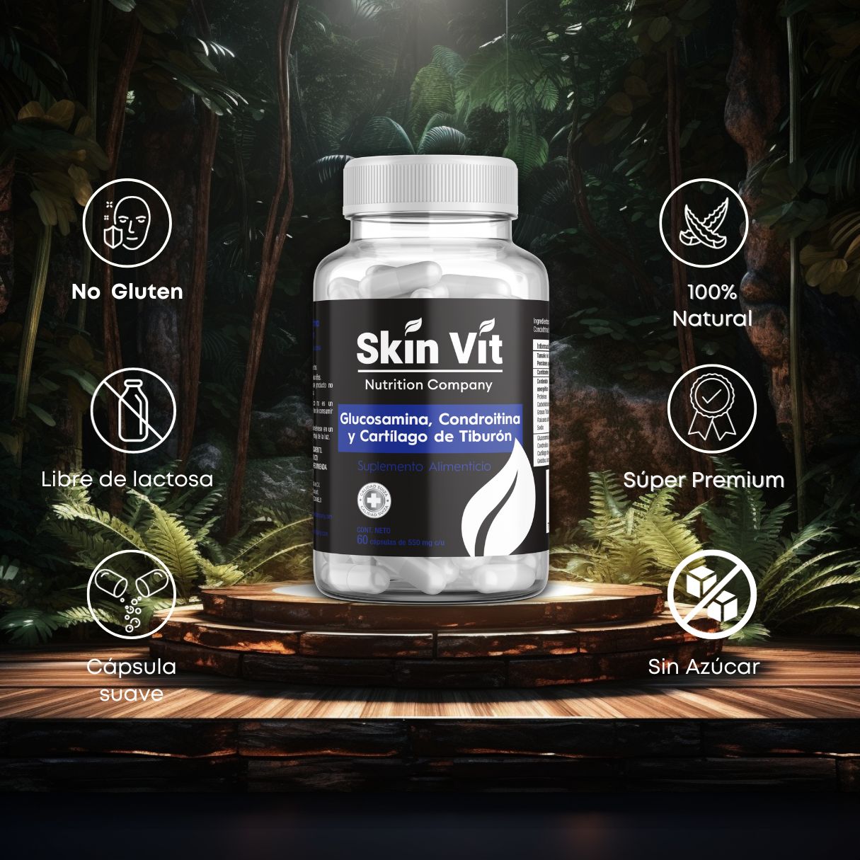 Glucosamina, Condroitina, Cartílago de Tiburón Skin Vit Nutrition Company 60 Cápsulas de 550mg