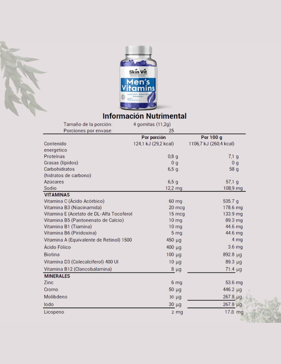 Men's Vitamins Skin Vit Company sabor Mora Azul 100 Gomitas 2.8 g