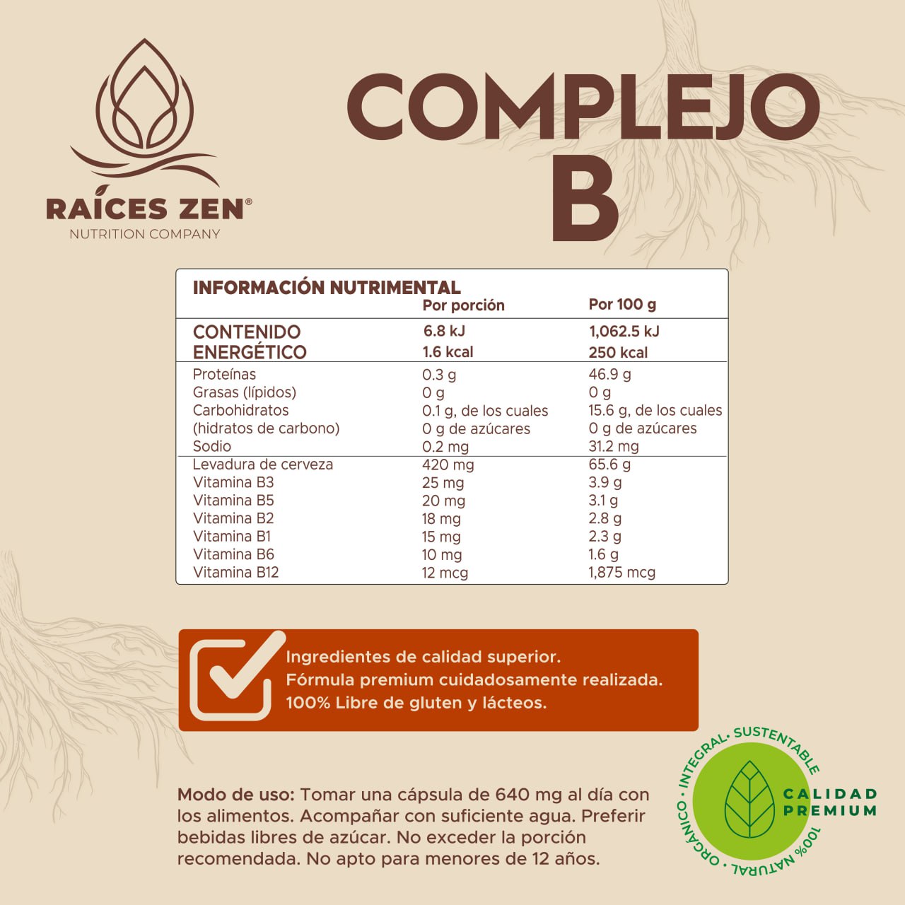 Complejo B Raíces Zen Súper Premium 120 Cápsulas