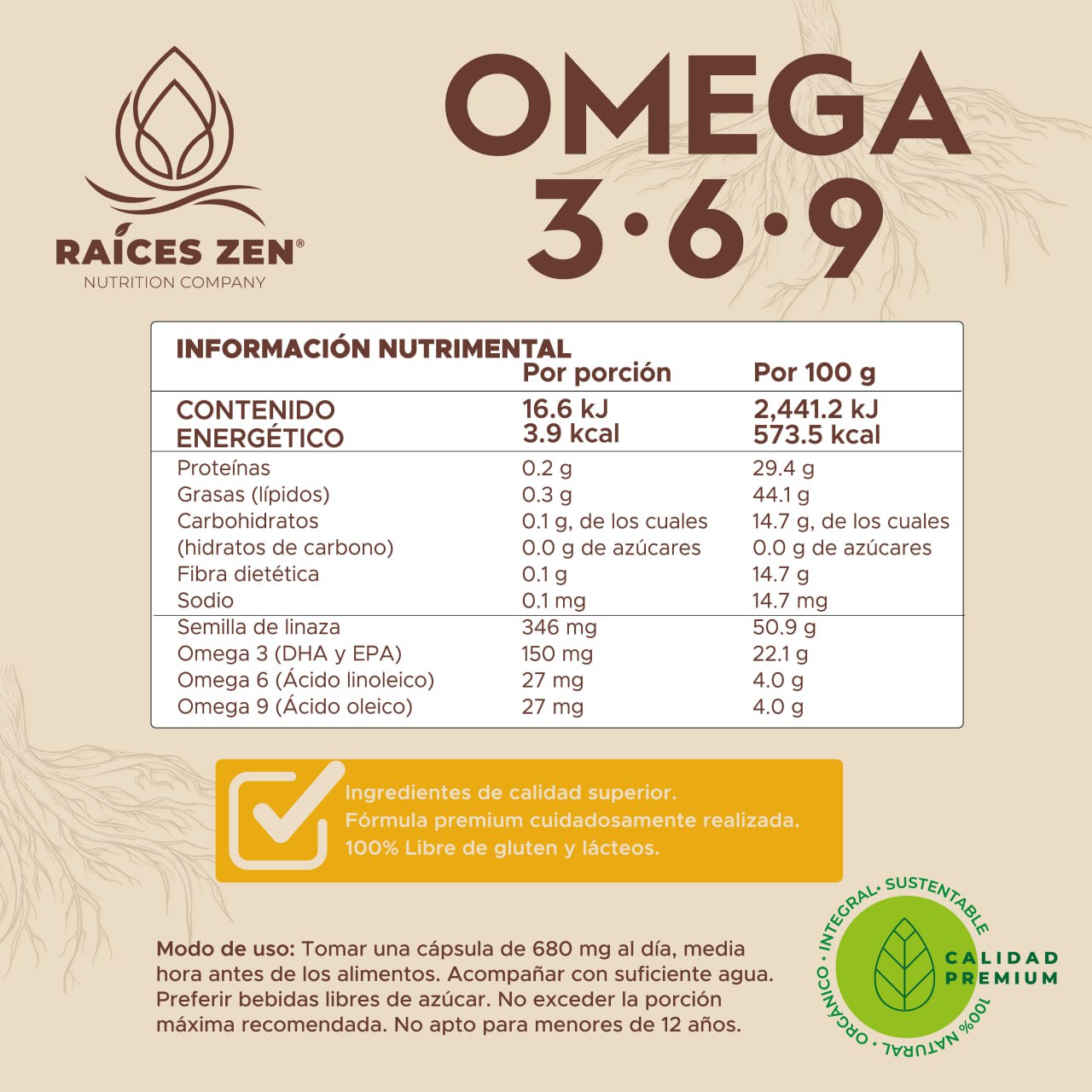 Omega 3, 6 y 9 Raíces Zen Súper Premium 120 Cápsulas