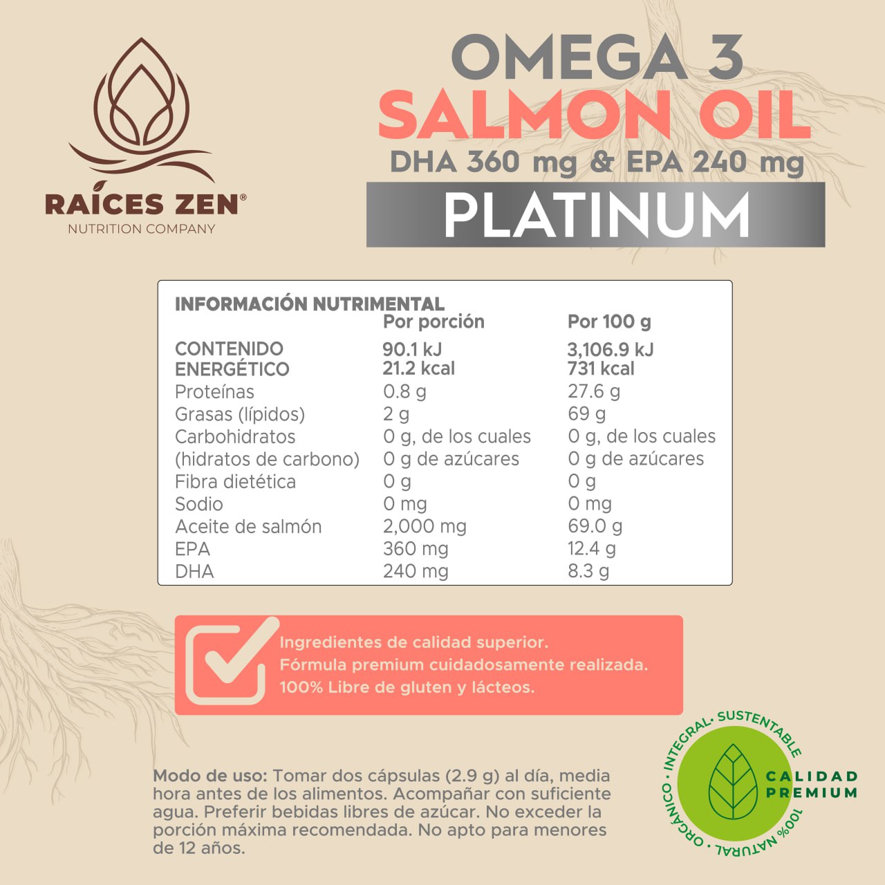 Omega 3 Salmon Oil  Platinum EPA DHA Raíces Zen 120 Cápsulas