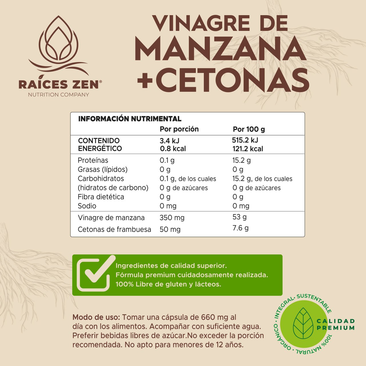 Vinagre de Manzana + Cetonas Raíces Zen Súper Premium 120 Cápsulas