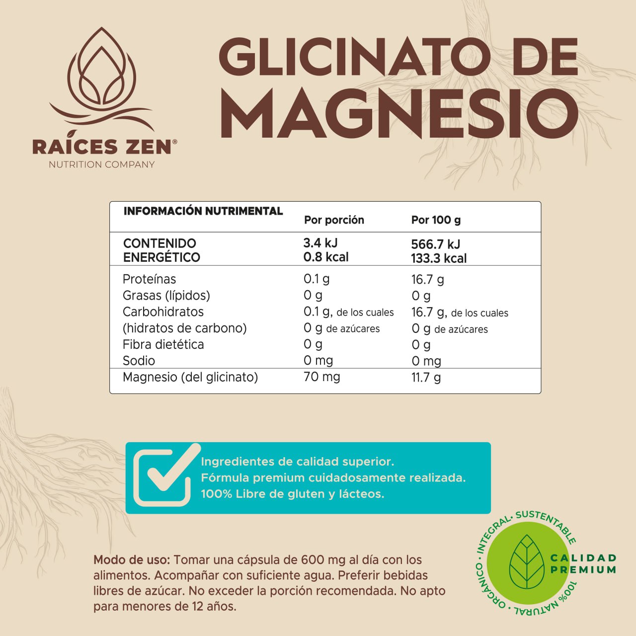 Glicinato de Magnesio Raíces Zen Súper Premium 120 Cápsulas