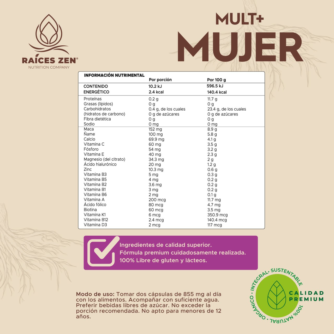 Multivitaminico para Mujeres Raíces Zen Mult Mujer 120 Cápsulas