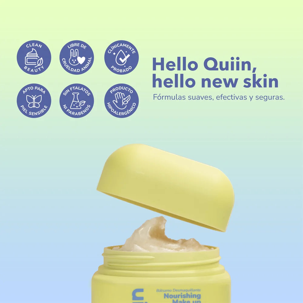Bálsamo desmaquillante Quiin abierto con sellos de clean beauty, libre de crueldad animal e hipoalergénico