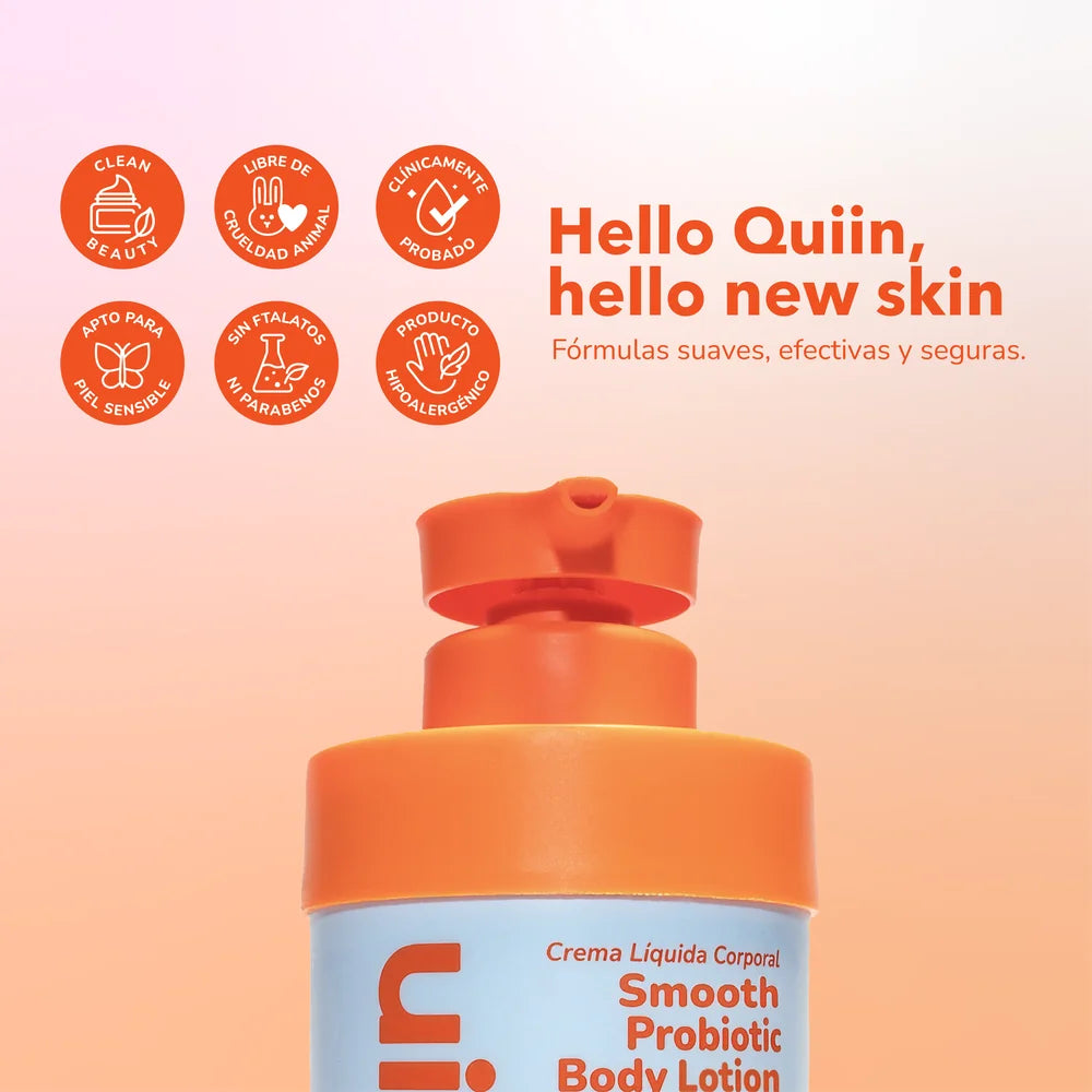 Botella de crema corporal Quiin Smooth Probiotic Body Lotion sobre fondo blanco
