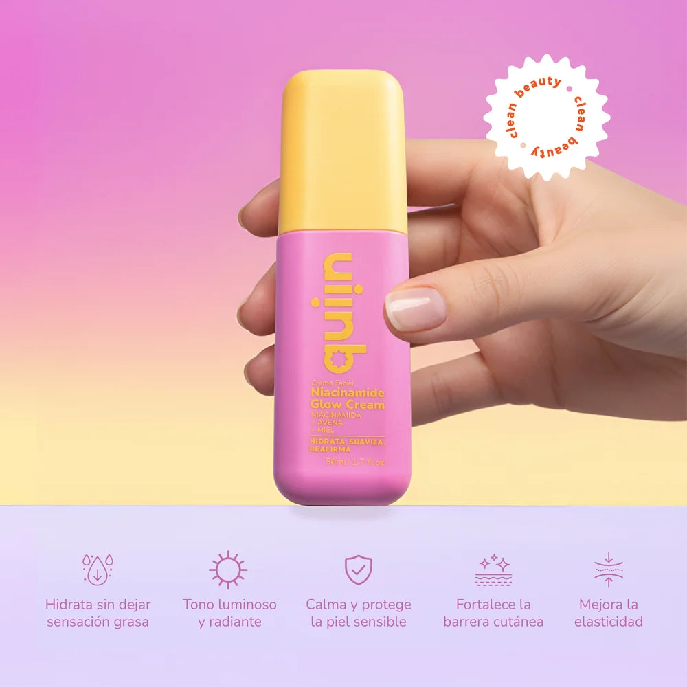 Mano sosteniendo la crema facial Quiin Niacinamide Glow Cream con sus beneficios