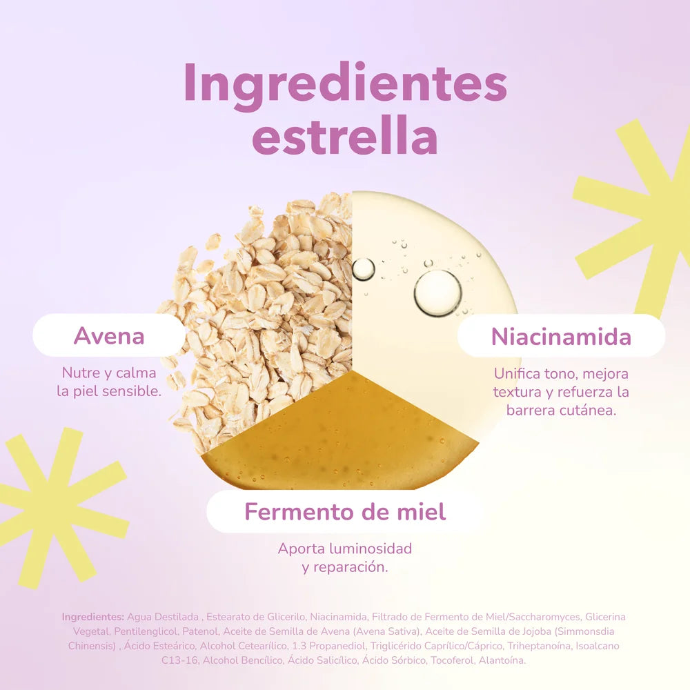 Ingredientes estrella de la crema facial Quiin: avena, niacinamida y fermento de miel