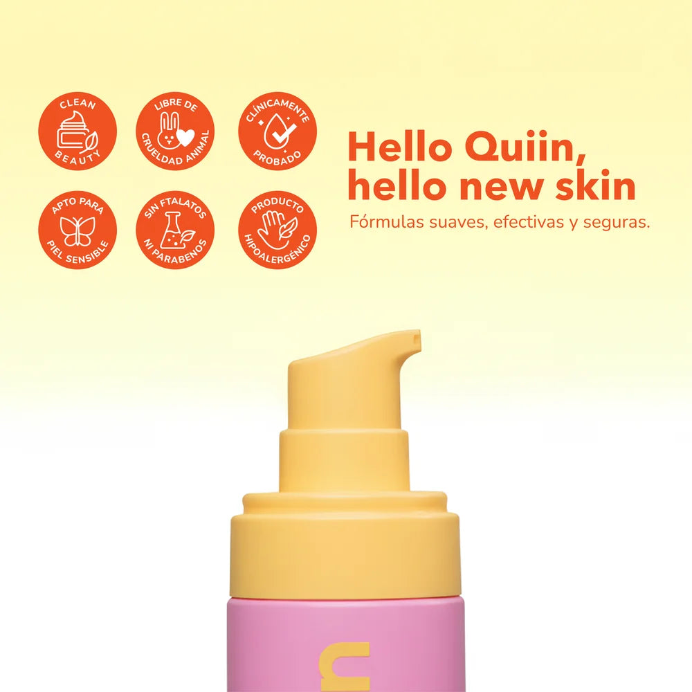 Sellos de Quiin: clean beauty, libre de crueldad animal, clínicamente probado e hipoalergénico, con la crema facial