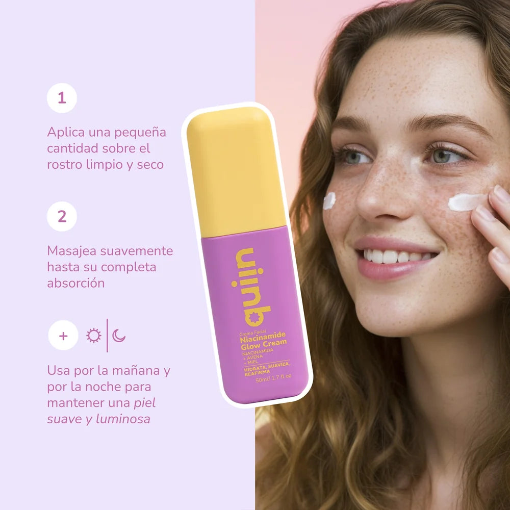 Modo de uso de la crema facial con niacinamida Quiin en dos pasos, para mañana y noche
