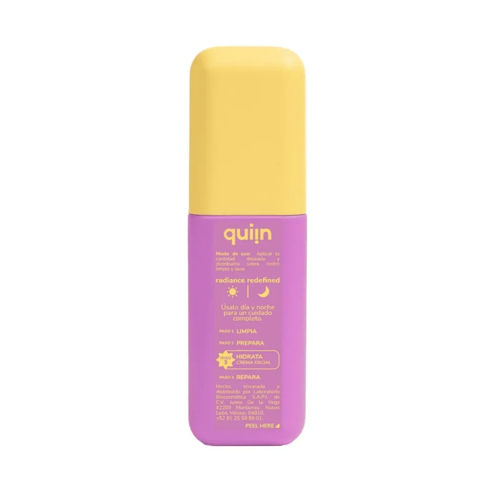 Parte trasera de la crema facial Quiin Niacinamide Glow Cream con modo de uso y rutina