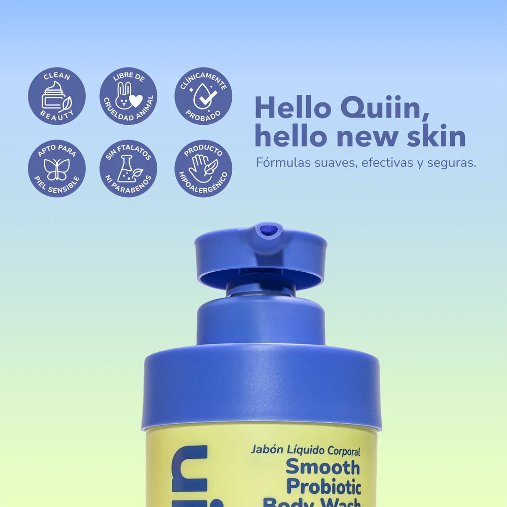 Sellos de Quiin: clean beauty, libre de crueldad animal e hipoalergénico, con la botella de gel de baño