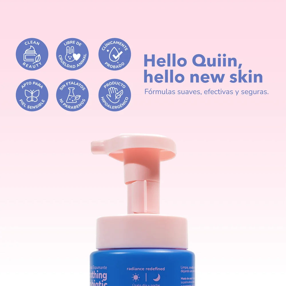 Sellos de Quiin: clean beauty, libre de crueldad animal, clínicamente probado, hipoalergénico y sin ftalatos ni parabenos