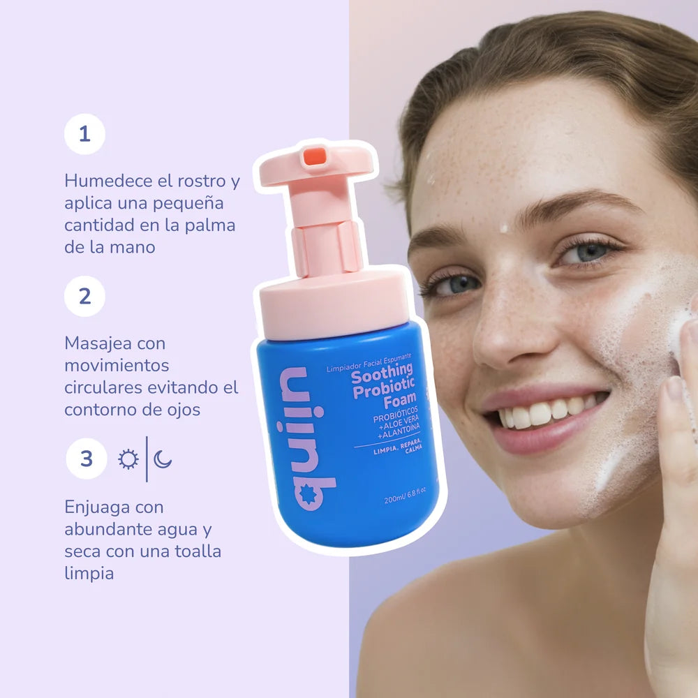 Modo de uso del limpiador facial en espuma Quiin Soothing Probiotic Foam en tres pasos