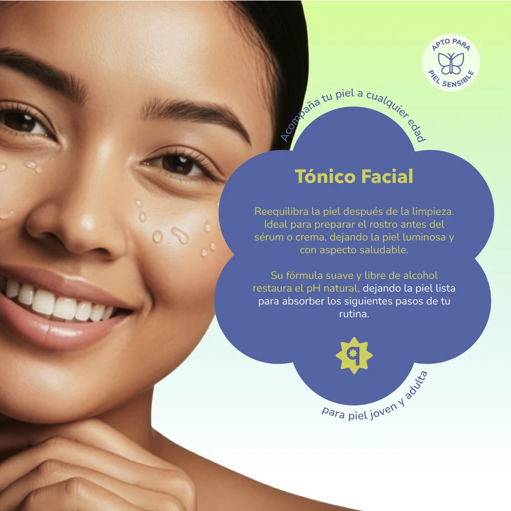 Rostro de mujer con gotas de tónico facial Quiin aplicadas, apto para piel sensible