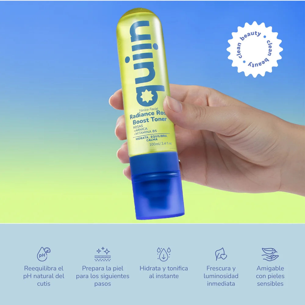 Mano sosteniendo el tónico facial Quiin Radiance Rose Boost Toner con sus beneficio