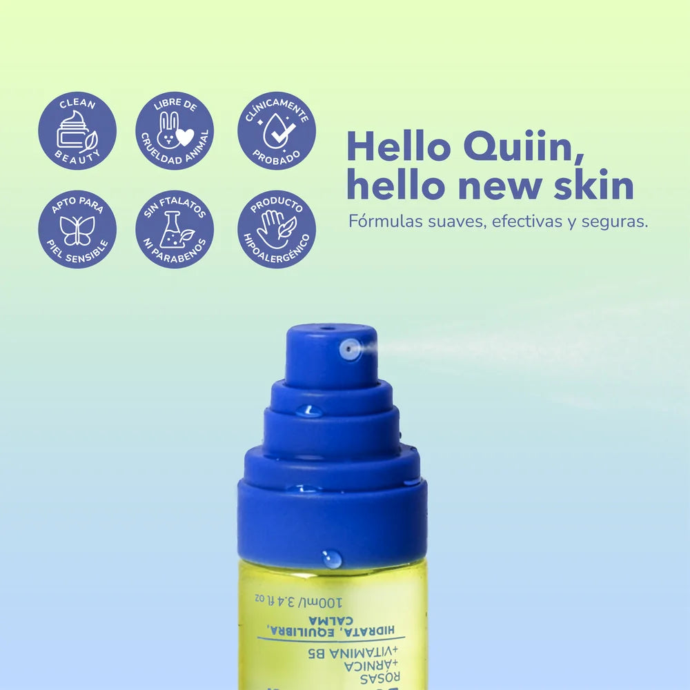 Tónico facial Quiin con atomizador y sellos de clean beauty, libre de crueldad animal e hipoalergénico