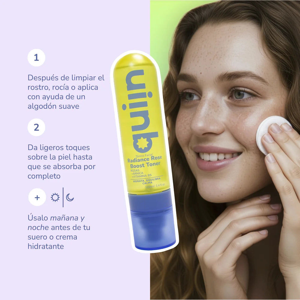Modo de uso del tónico facial Quiin con algodón, para mañana y noche antes del sérum o crema